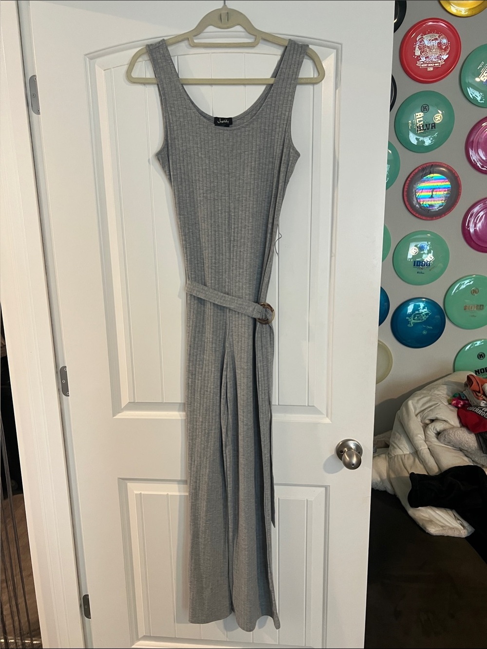 Justify Gray Ribbed Sleeveless Jumpsuit with Belt
